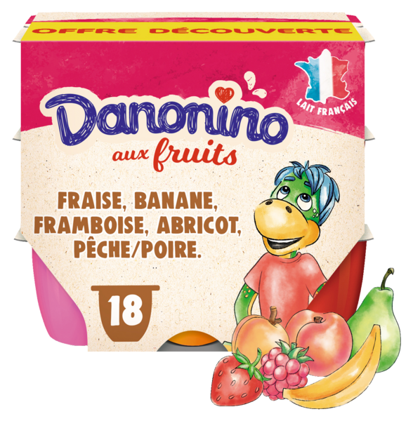 PETITS SUISSES AUX FRUITS FRAISE/BANANE/ABRICOT/FRAMBOISE/PÊCHE-POIRE EN OFFRE DÉCOUVERTE 
DANONINO 