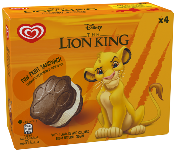 GLACE LION KING PARFUM VANILLE ENTRE DEUX BISCUITS AU CACAO X4 
DISNEY