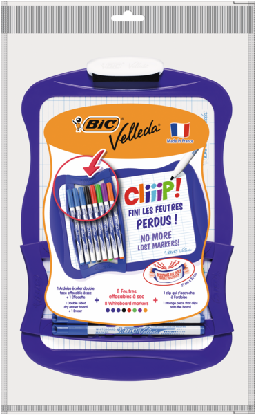 KIT ARDOISE EFFAÇABLE A SEC + 8 FEUTRES FINS 
BIC VELLEDA