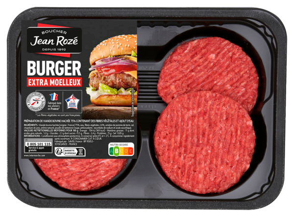 BURGER EXTRA MOELLEUX X4 : PRÉPARATION DE VIANDE BOVINE HACHÉE (75%) ET DE FIBRES VÉGÉTALES 
JEAN ROZE JEAN ROZÉ