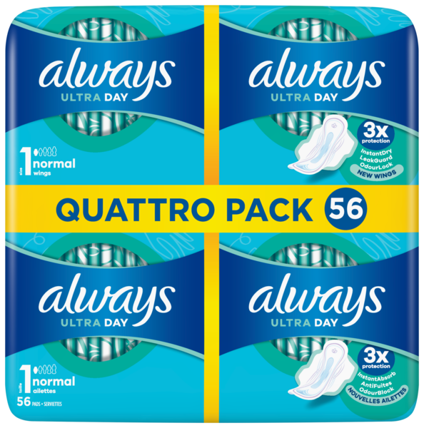 SERVIETTES HYGIÉNIQUES ULTRA DAY T1 NORMAL AILETTES QUATTRO PACK X56
ALWAYS