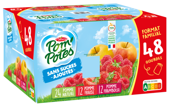 COMPOTES SANS SUCRES AJOUTÉS POMME, POMME FRAISE, POMME FRAMBOISE
POM'POTES