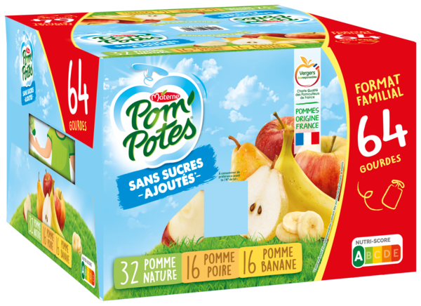 COMPOTES SANS SUCRES AJOUTÉS POMME, POMME POIRE, POMME BANANE
POM'POTES