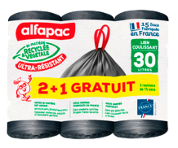 SACS POUBELLE LIEN COULISSANT ULTRA RÉSISTANT 2 ROULEAUX DE 30L X15
ALFAPAC