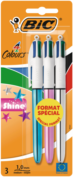 3 STYLOS BILLE 4 COULEURS "SHINE" BIC