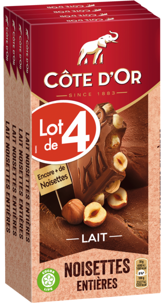 TABLETTES DE CHOCOLAT LAIT NOISETTES ENTIÈRES
CÔTE D'OR