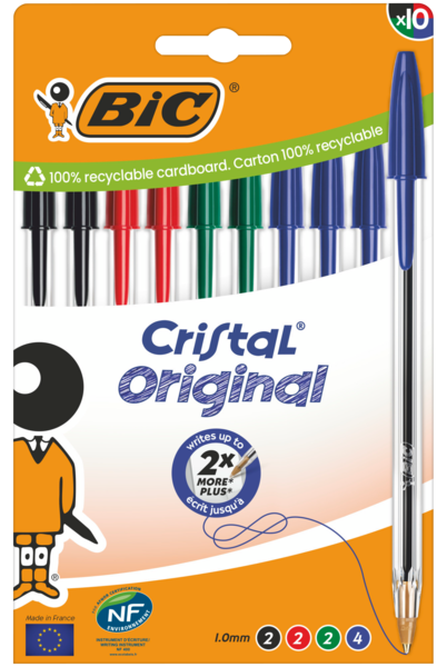 10 STYLOS BILLE CRISTAL ORIGINAL ASSORTIS POINTE MOYENNE 
BIC