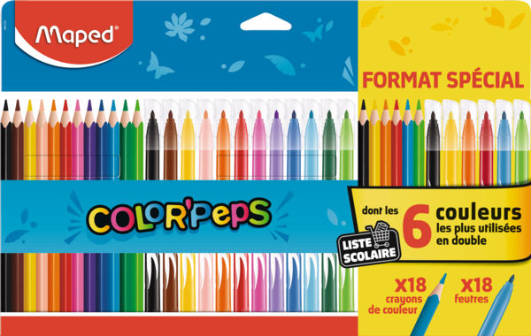 18 CRAYONS DE COULEURS + 18 FEUTRES FORMAT SPECIAL 
MAPED