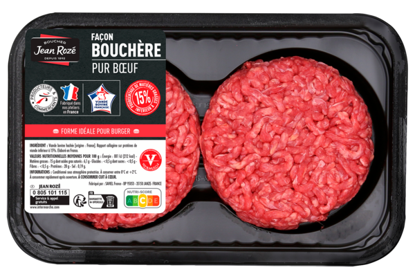 VIANDE BOVINE : 4 HACHÉS RONDS FAÇON BOUCHÈRE 15% MG  
JEAN ROZÉ