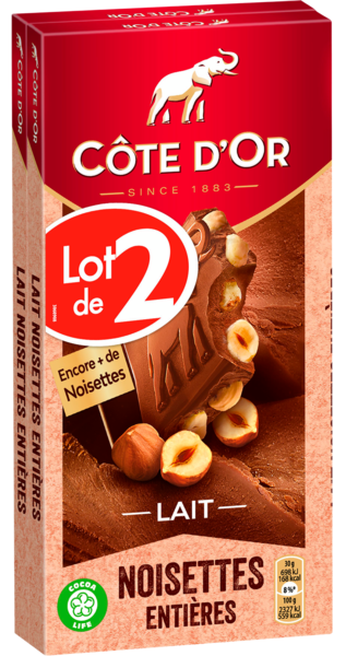 TABLETTES DE CHOCOLAT LAIT NOISETTES ENTIÈRES
CÔTE D'OR