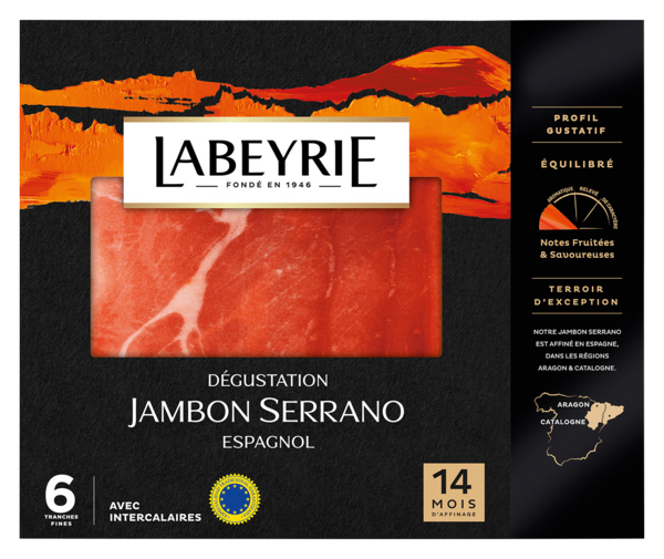 JAMBON SERRANO STG GRANDE ORIGINE AFFINÉ 14 MOIS 6 TRANCHES FINES (1)
LABEYRIE