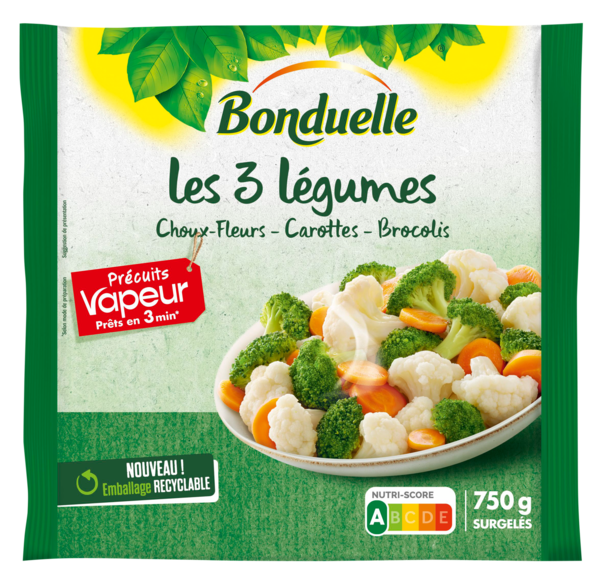 LES 3 LÉGUMES CHOUX-FLEURS, CAROTTES, BROCOLIS PRÉCUITS VAPEUR SURGELÉS
BONDUELLE