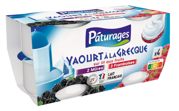 YAOURT À LA GRECQUE  SUR LIT DE FRUITS 2 MÛRES 2 FRAMBOISES
PÂTURAGES