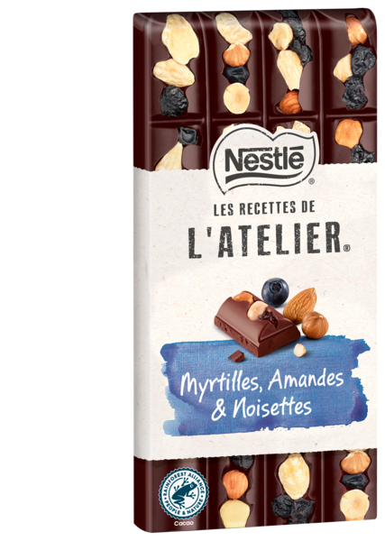 TABLETTE DE CHOCOLAT LES RECETTES DE L'ATELIER NOIR MYRTILLES AMANDES ET NOISETTES
