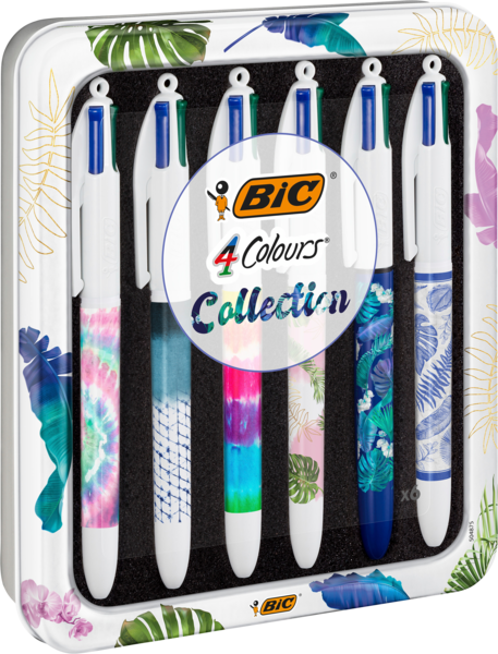 COFFRET DE 6 STYLOS BILLE 4 COULEURS DECORES 
