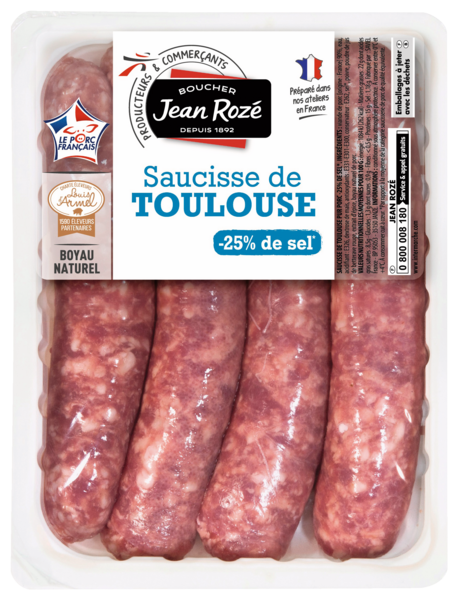 4 SAUCISSES DE TOULOUSE SUPÉRIEURES -25% SEL 
