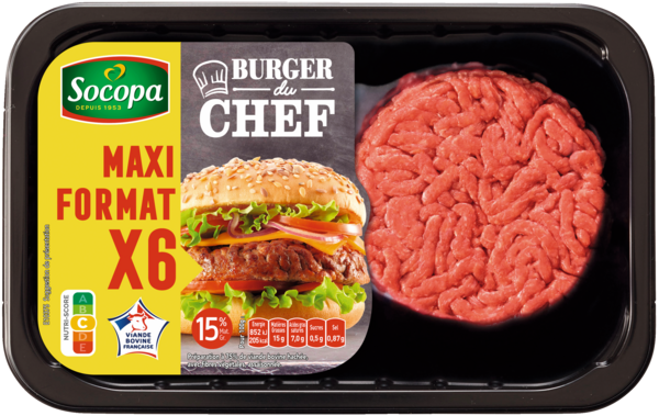 6 BURGERS DU CHEF NATURE 15% MG : PRÉPARATION DE VIANDE BOVINE HACHÉE (75%) ET DE FIBRES VÉGÉTALES 
