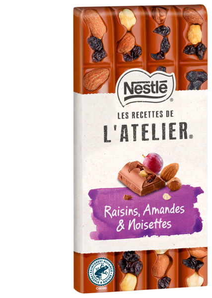 TABLETTE DE CHOCOLAT LES RECETTES DE L'ATELIER LAIT RAISINS AMANDES ET NOISETTES
