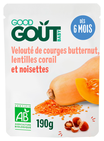 VELOUTÉ DE COURGE BUTTERNUT, LENTILLES CORAIL ET NOISETTE BIO 
