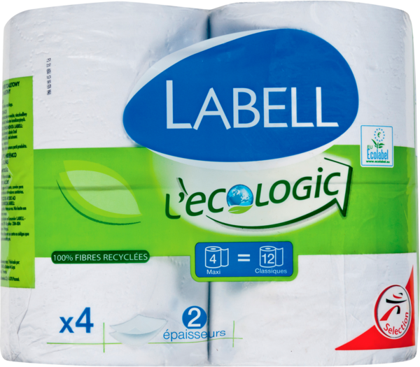 PAPIER TOILETTE ECOLABEL 100% FIBRES RECYCLÉES 4 MAXI ROULEAUX = 12 ROULEAUX CLASSIQUES 
