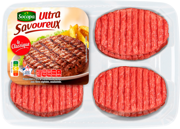 16 HACHÉS ULTRA SAVOUREUX 15% MG : PRÉPARATION DE VIANDE BOVINE HACHÉE (75%) ET DE FIBRES VÉGÉTALES
