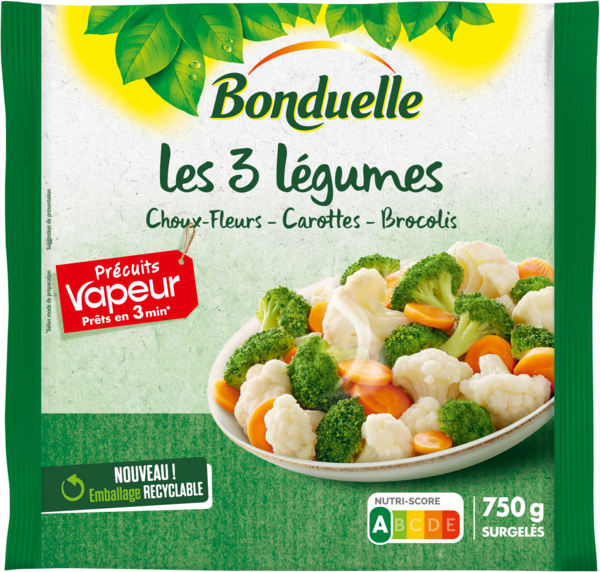 LES 3 LÉGUMES CHOUX-FLEURS, CAROTTES, BROCOLIS PRÉCUITS VAPEUR SURGELÉS
