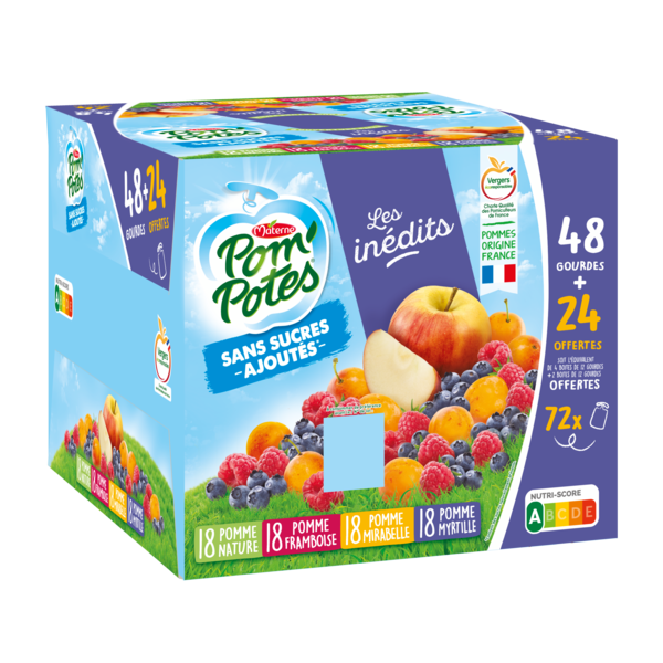 GOURDES COMPOTES SANS SUCRES AJOUTÉS POMME, POMME MYRTILLE, POMME MIRABELLE, POMME FRAMBOISE
