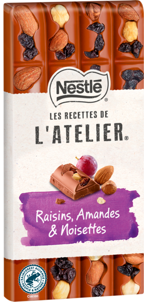 TABLETTE DE CHOCOLAT LES RECETTES DE L'ATELIER LAIT RAISINS AMANDES ET NOISETTES
