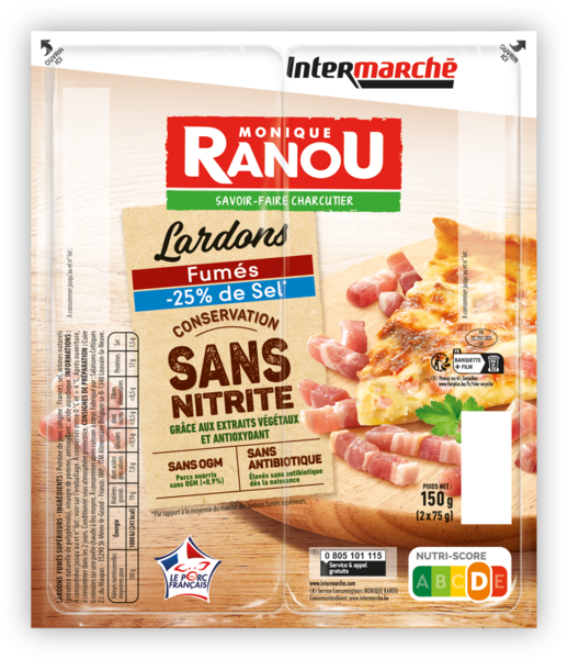 LARDONS FUMÉS TAUX DE SEL RÉDUIT CONSERVATION SANS NITRITE SANS OGM
Intermarché Tout votre magasin contre la vie chère