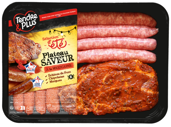 PLATEAU SAVEURS À LA MEXICAINE (4 CHIPOLATAS + 2 CÔTES DE PORC ÉCHINES TEX MEX + 4 MERGUEZ) 
