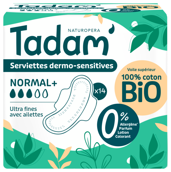 SERVIETTES HYGIÉNIQUES BIO DERMO-SENSITIVES ULTRA AVEC AILETTES NORMAL+ X14
