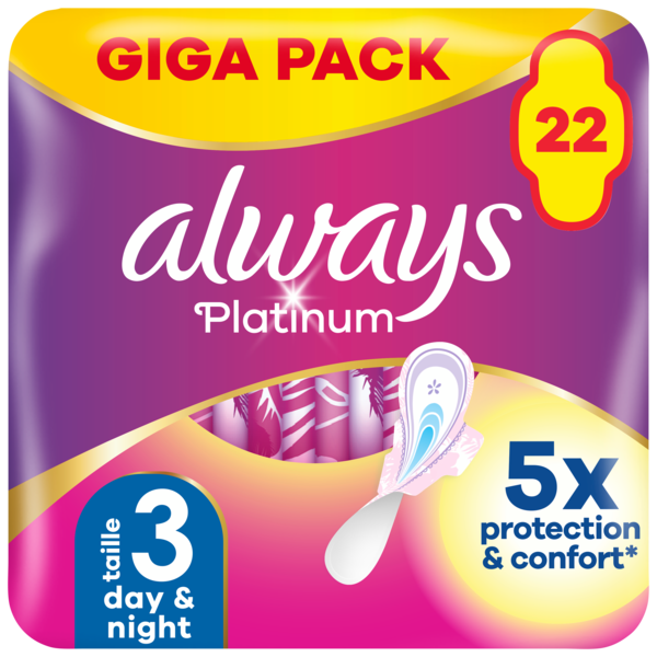 SERVIETTES HYGIÉNIQUES PLATINIUM DAY & NIGHT AILETTES T3 X22
