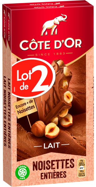 TABLETTES DE CHOCOLAT LAIT NOISETTES ENTIÈRES
