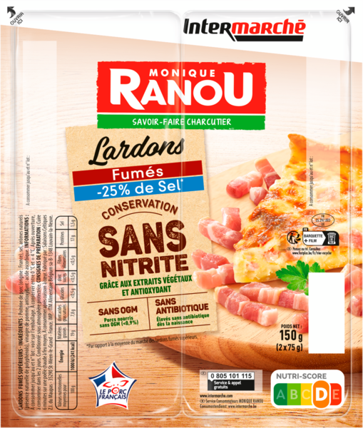LARDONS FUMÉS TAUX DE SEL RÉDUIT CONSERVATION SANS NITRITE SANS OGM  
