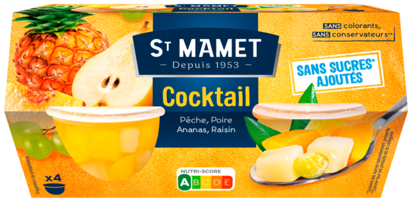 COCKTAIL DE FRUITS SANS SUCRES AJOUTÉS PÊCHE, POIRE, ANANAS, RAISIN
