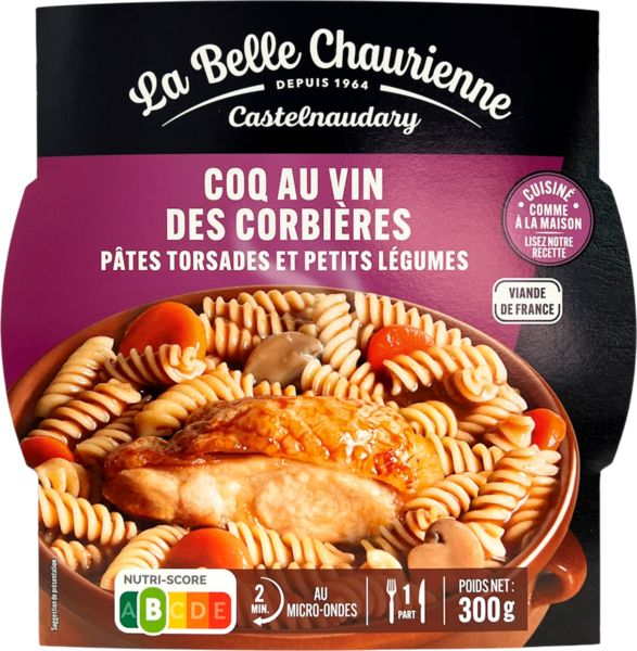 COQ AU VIN DES CORBIÈRES PÂTES TORSADES ET PETITS LÉGUMES
