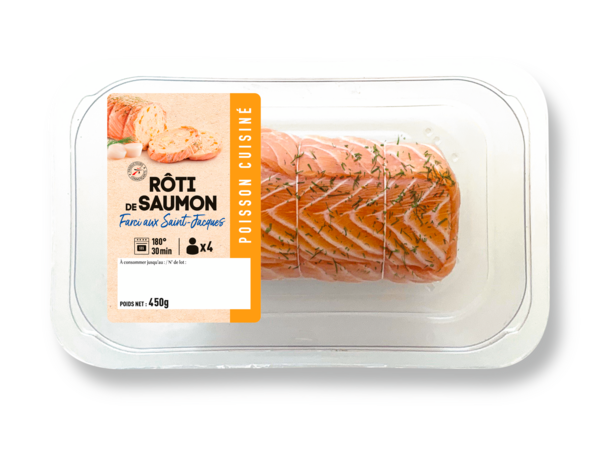 RÔTI DE SAUMON AUX CREVETTES, LÉGUMES ET VIN BLANC 
